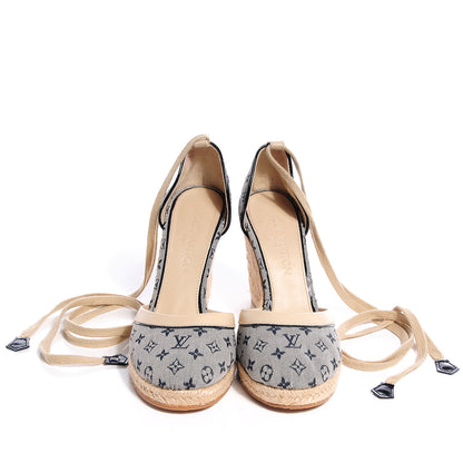 Louis Vuitton Mini Monogram Espadrille Wedge Heels 37.5 Blue 2 of 8