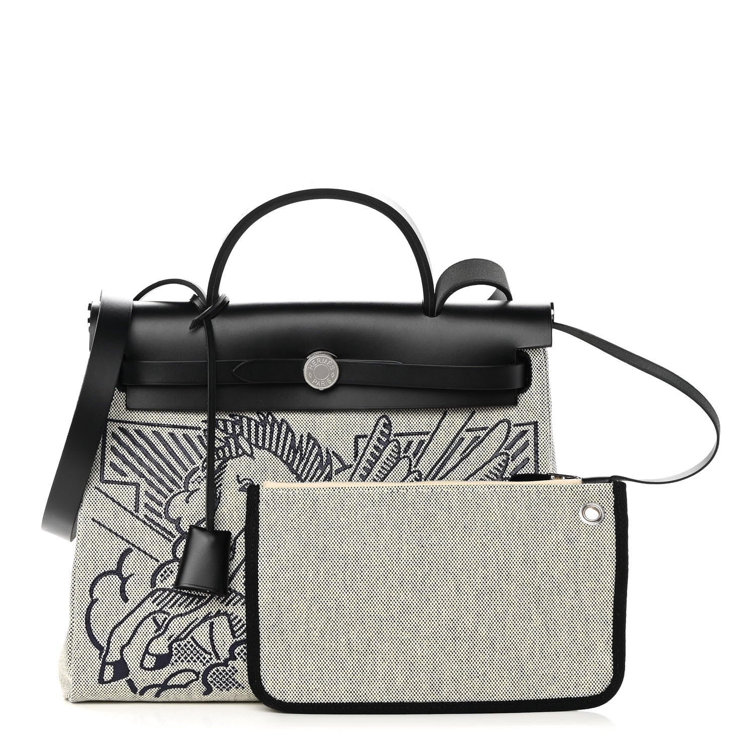 Hermes Vache Hunter Toile H Pegase Pop Herbag Zip Retourne 31 PM Bleu Indigo Ecru Black 1 of 13