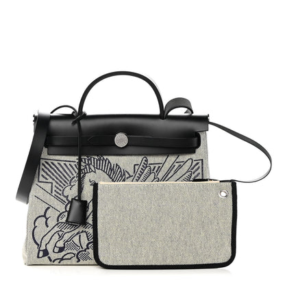 Hermes Vache Hunter Toile H Pegase Pop Herbag Zip Retourne 31 PM Bleu Indigo Ecru Black 1 of 13