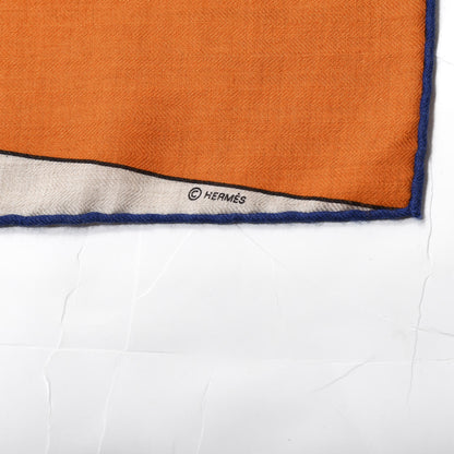 Hermes Cashmere Silk Tete a Tete Equestre Scarf 100 Naturel Orange Bleu Saphir 2 of 4