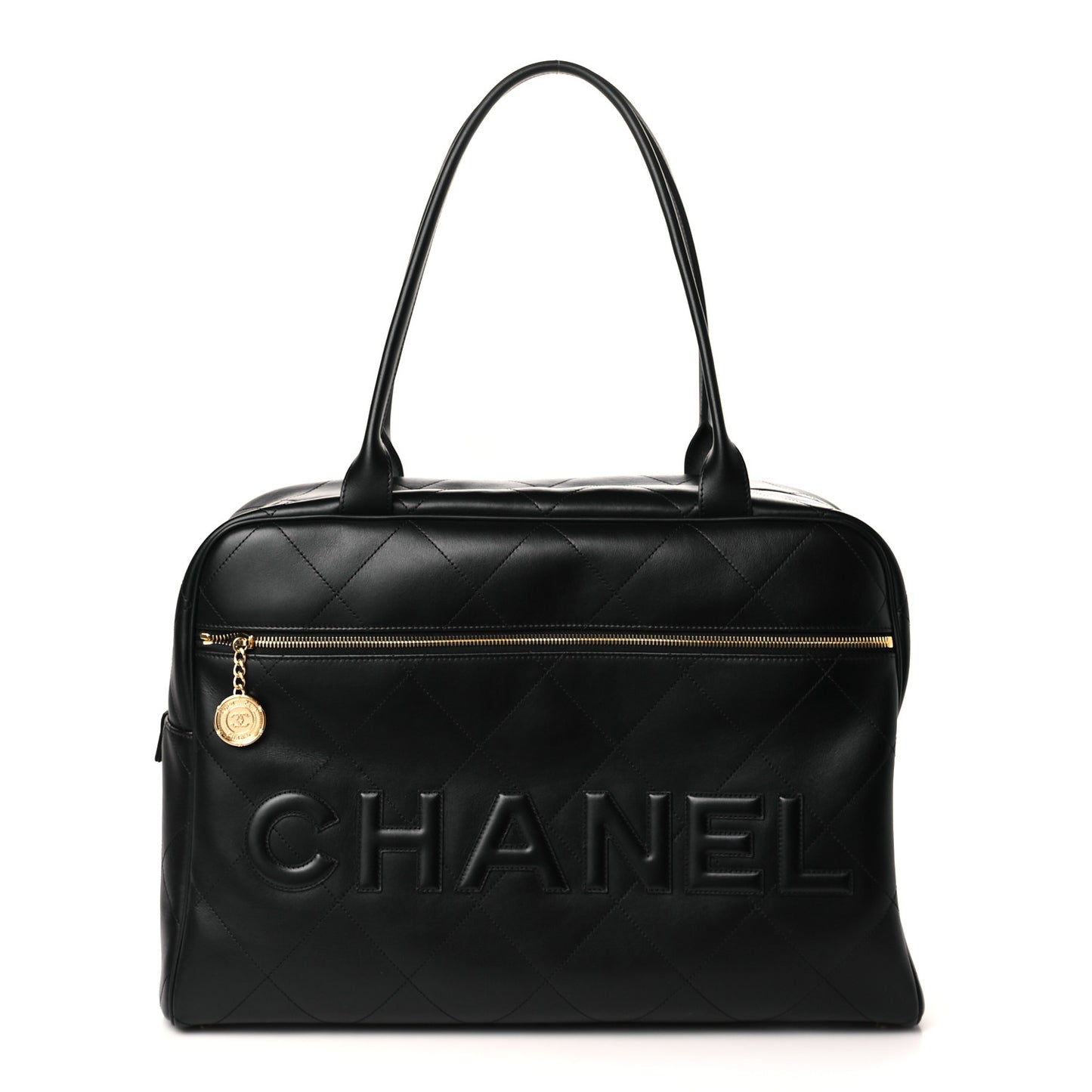 Calfskin Stitched Maxi Logo Bowling Bag Black