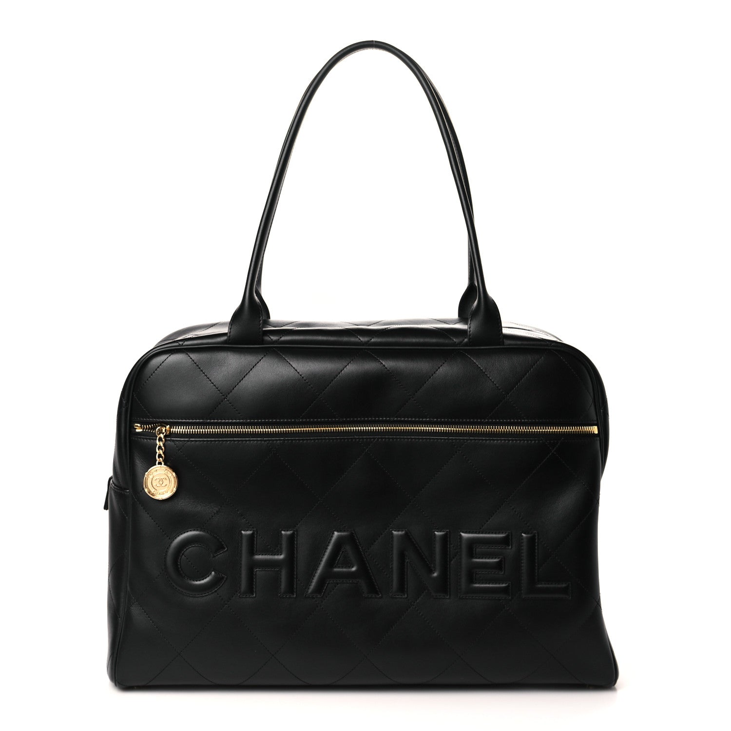 Chanel Calfskin Stitched Maxi Logo Bowling Bag Black 1 of 9
