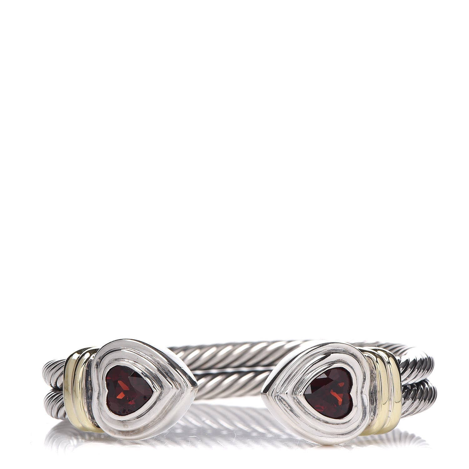 David Yurman Sterling Silver 14K Yellow Gold Garnet Heart Double Cable Cuff Bracelet 3 of 11