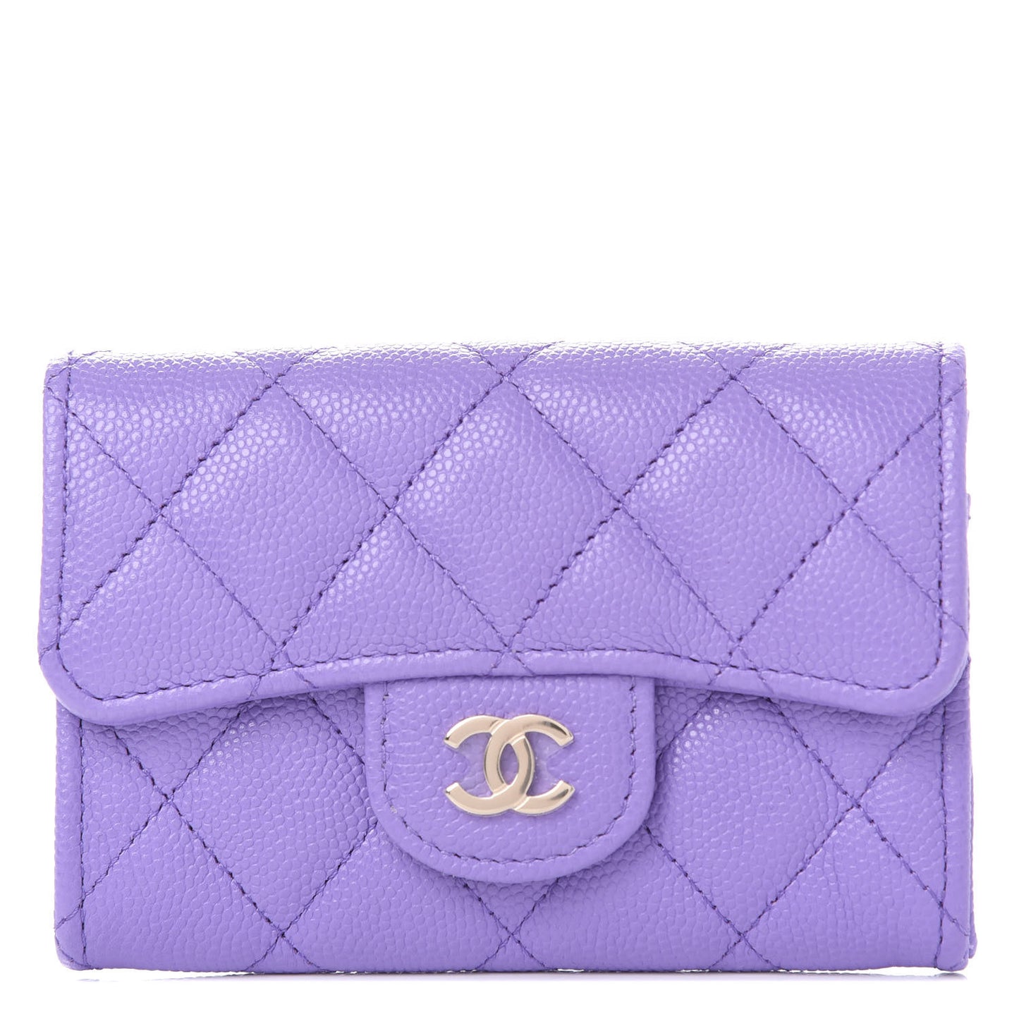 Caviar Quilted Flap Card Holder Wallet Purple