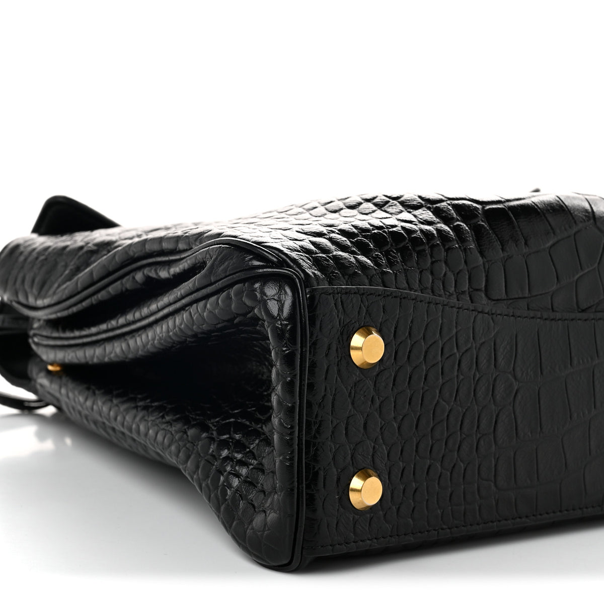 Shiny Calfskin Crocodile Embossed Medium Rodeo Top Handle Handbag Black