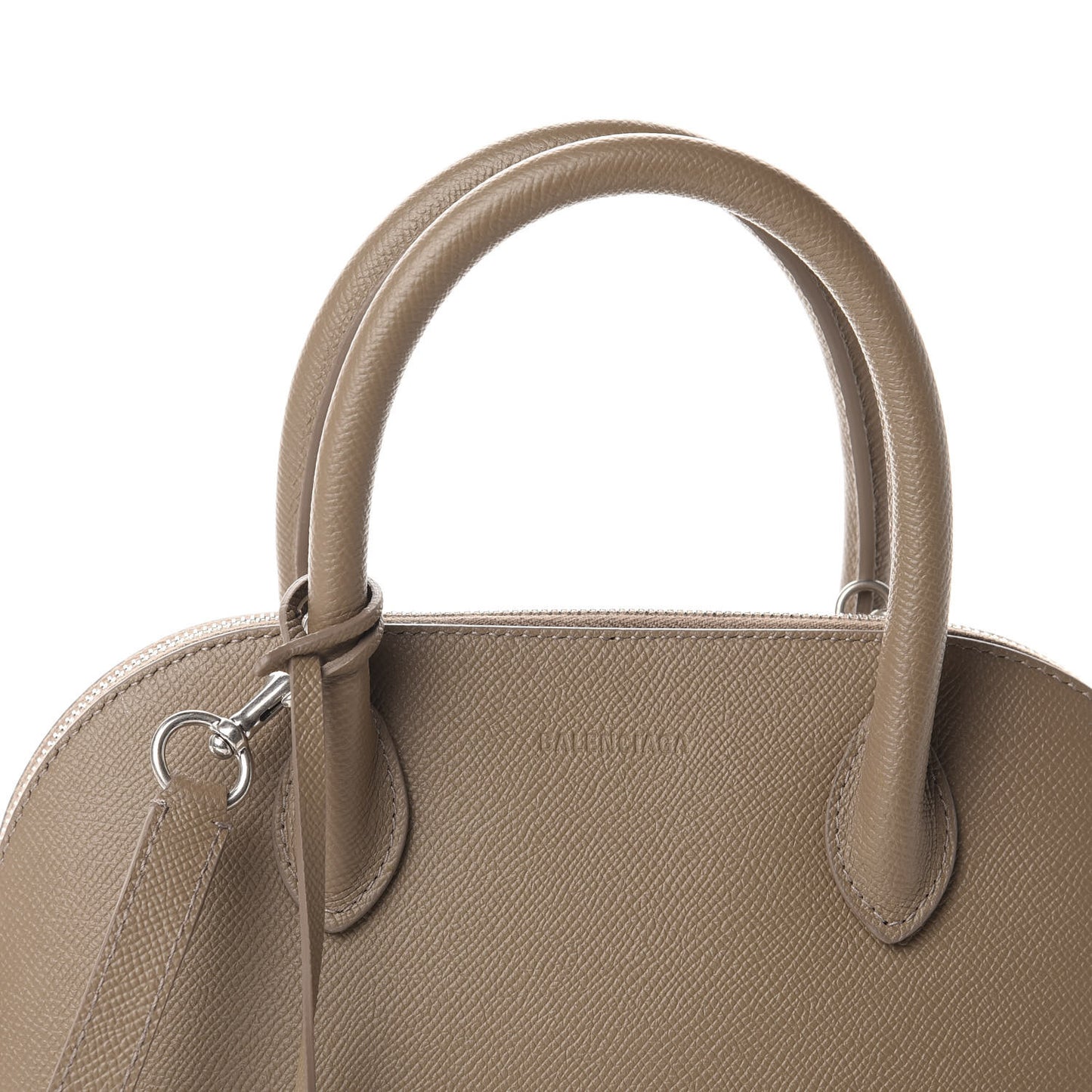 Signature Grained Calfskin Logo S Ville Top Handle Bag Mink Grey White