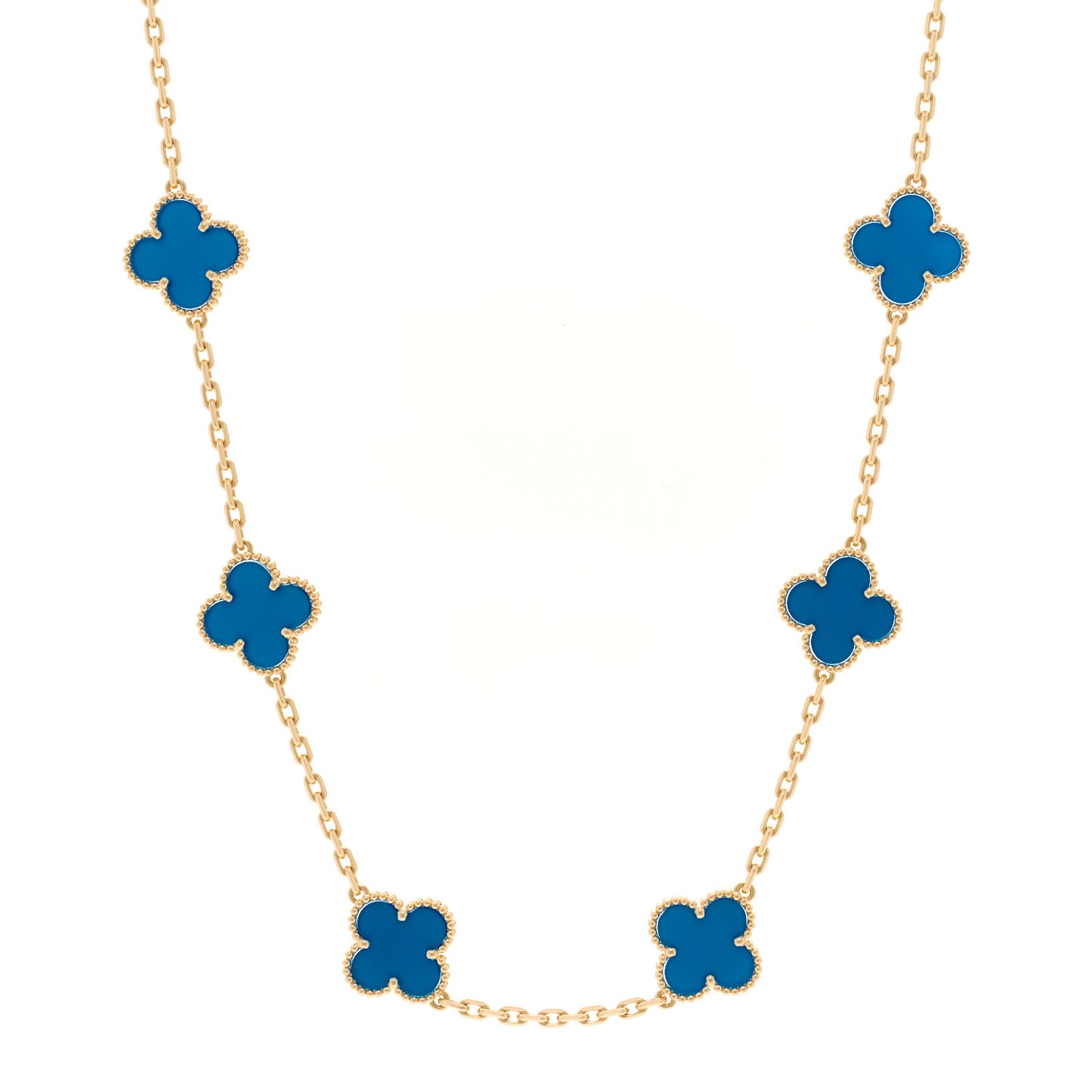 18K Yellow Gold Blue Agate 10 Motifs Vintage Alhambra Necklace