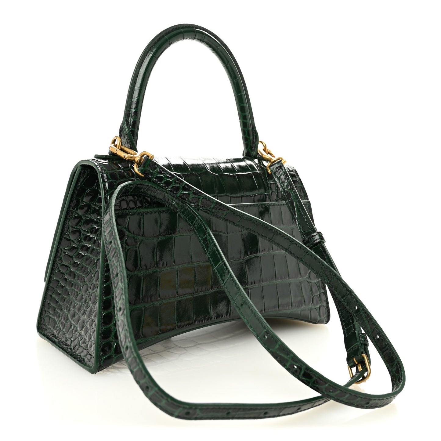 Shiny Calfskin Crocodile Embossed Small Hourglass Top Handle Bag Forest Green