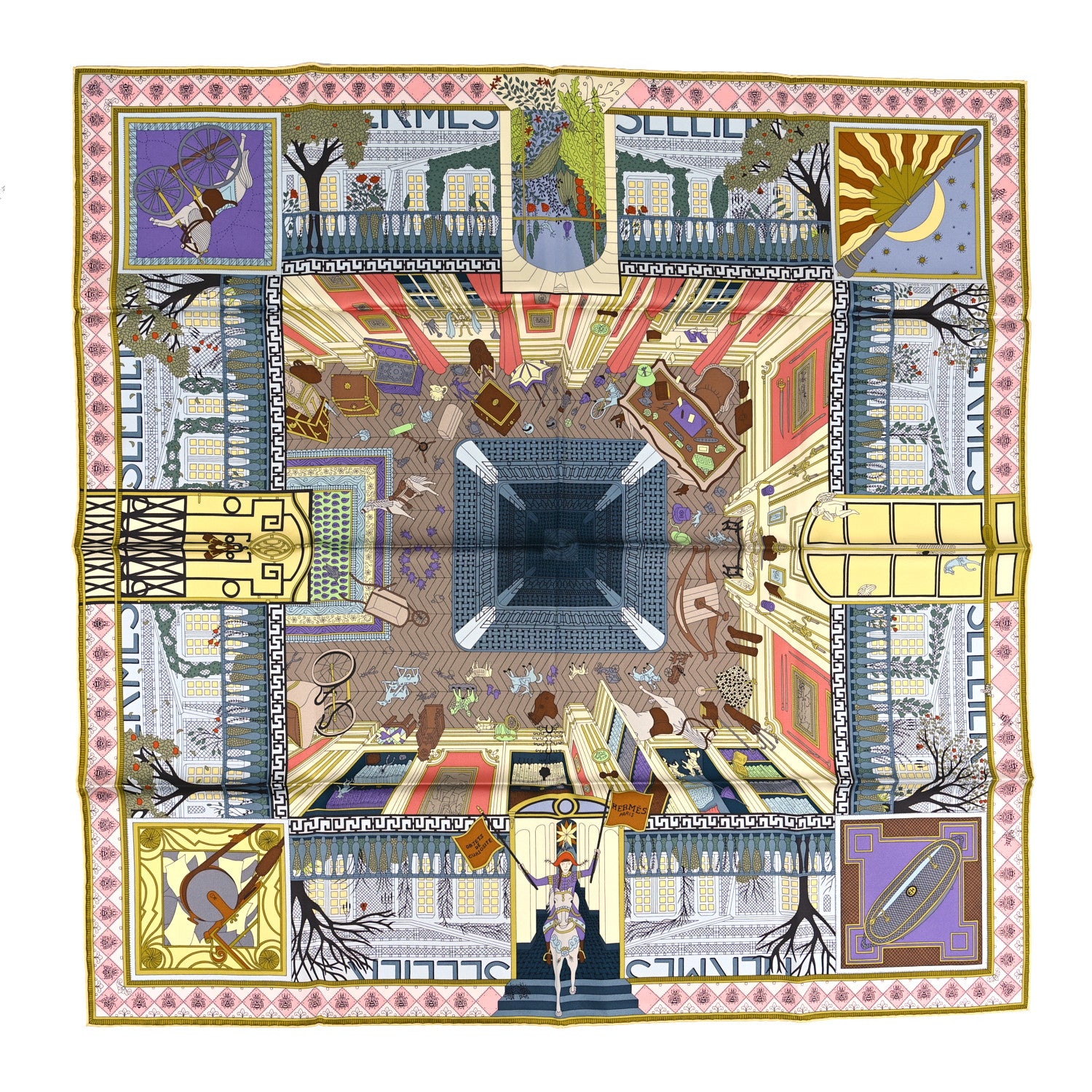 Hermes Silk Objets de Curiosite Scarf 90 Bleu Gris Jaune Soufre Rose 1 of 4
