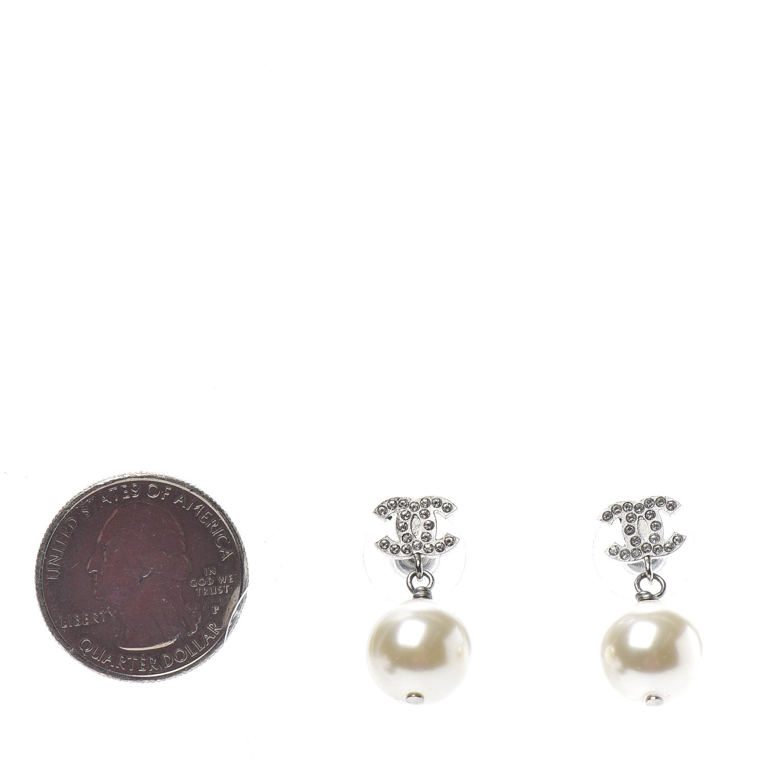 Chanel Crystal Pearl CC Drop Earrings Silver 2 of 4