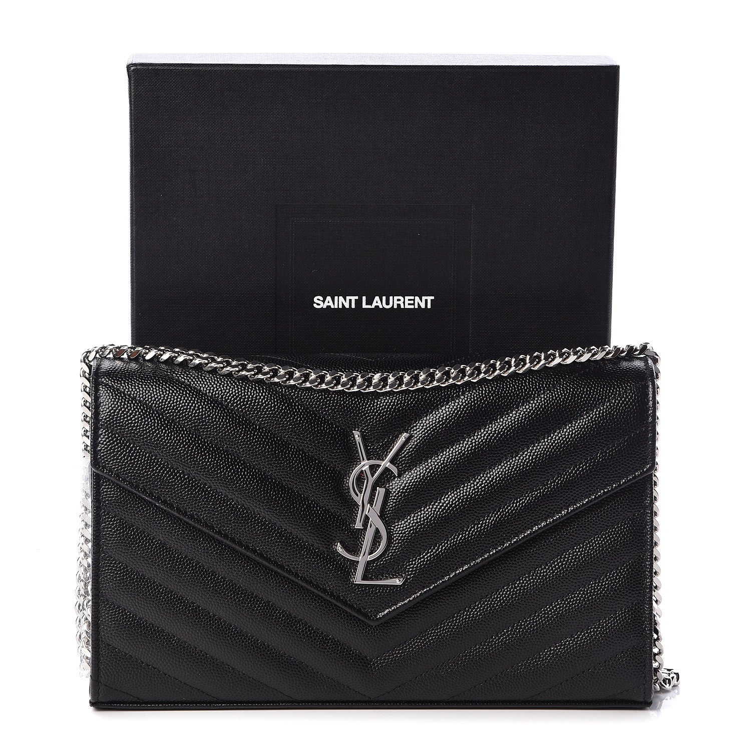 Saint Laurent Grain De Poudre Matelasse Chevron Monogram Chain Wallet Black 10 of 10