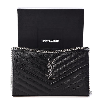 Saint Laurent Grain De Poudre Matelasse Chevron Monogram Chain Wallet Black 10 of 10