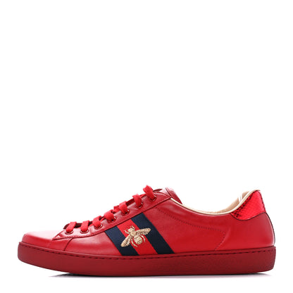 Gucci Miro Soft Calfskin Laminated Ayers Web Bee Embroidered Mens Ace Sneakers 12 Hibiscus Red Red Flame Notte 1 of 10