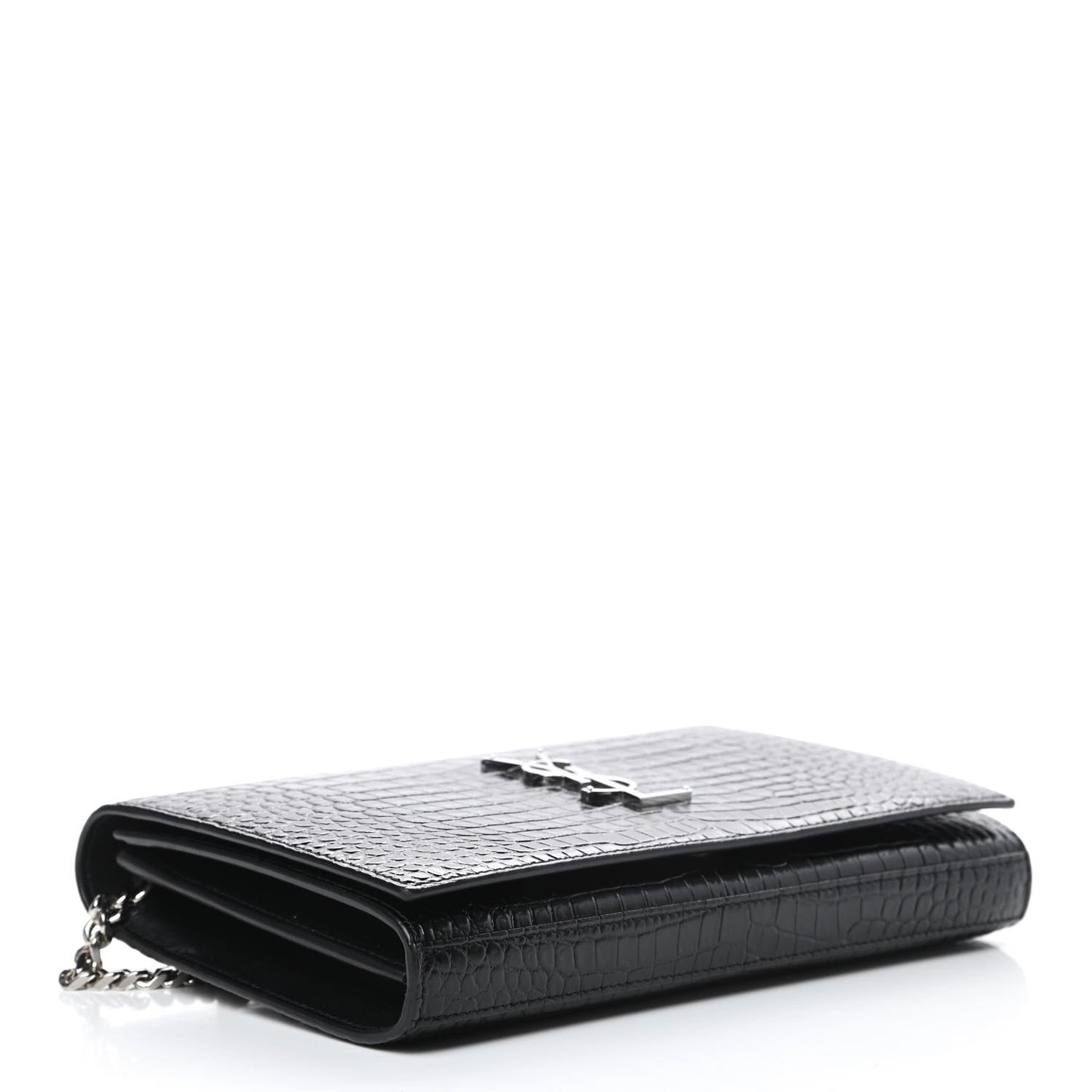 Calfskin Crocodile Embossed Monogram Chain Wallet Black
