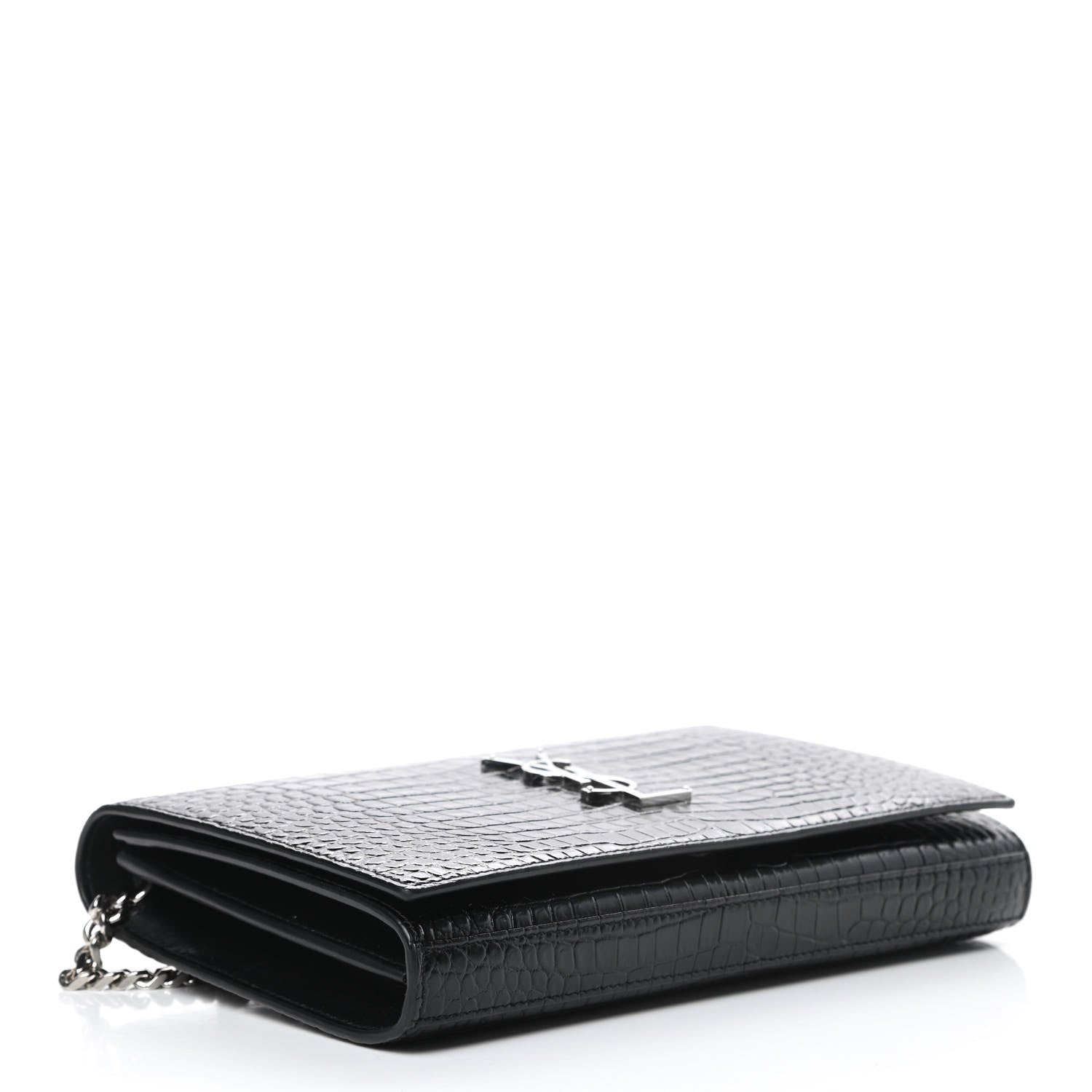 Saint Laurent Calfskin Crocodile Embossed Monogram Chain Wallet Black 4 of 15