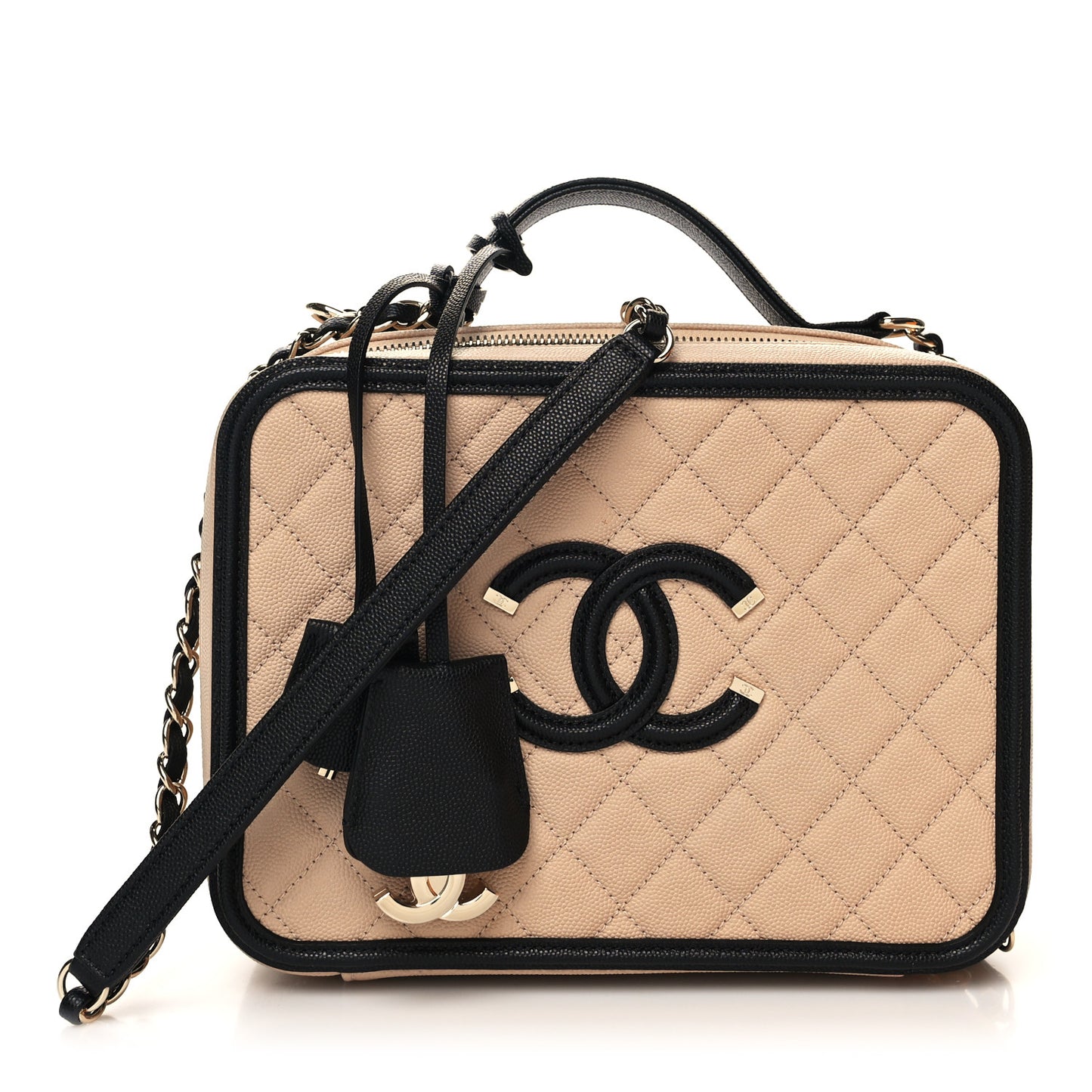 Caviar Quilted Large CC Filigree Vanity Case Beige Black