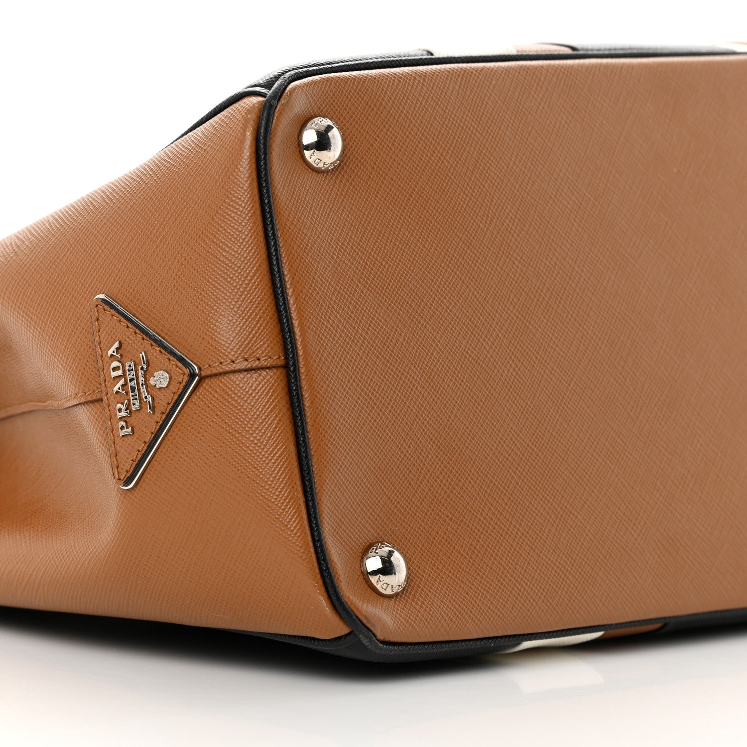Prada Saffiano Baiadera Striped Medium Galleria Double Zip Tote Caramel Black White 11 of 19