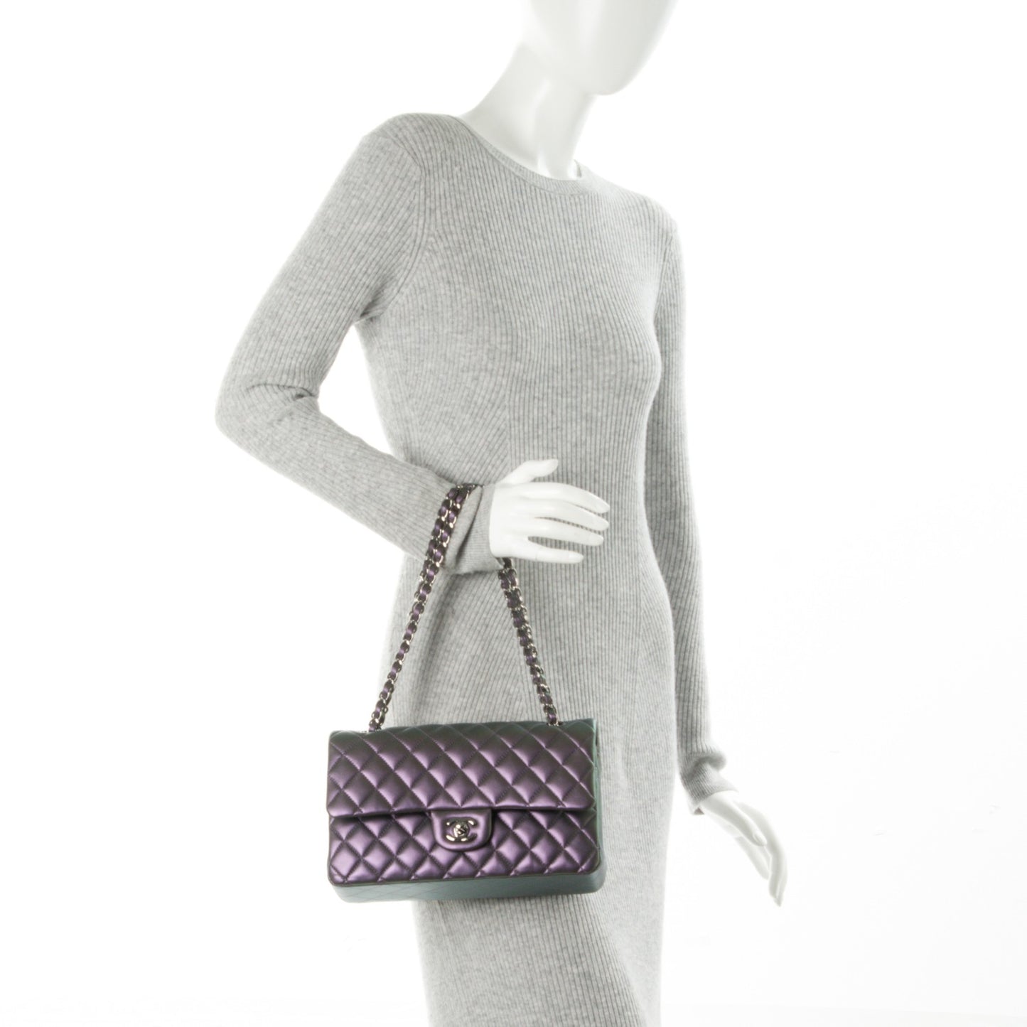 Metallic Lambskin Quilted Medium Double Flap Dark Purple