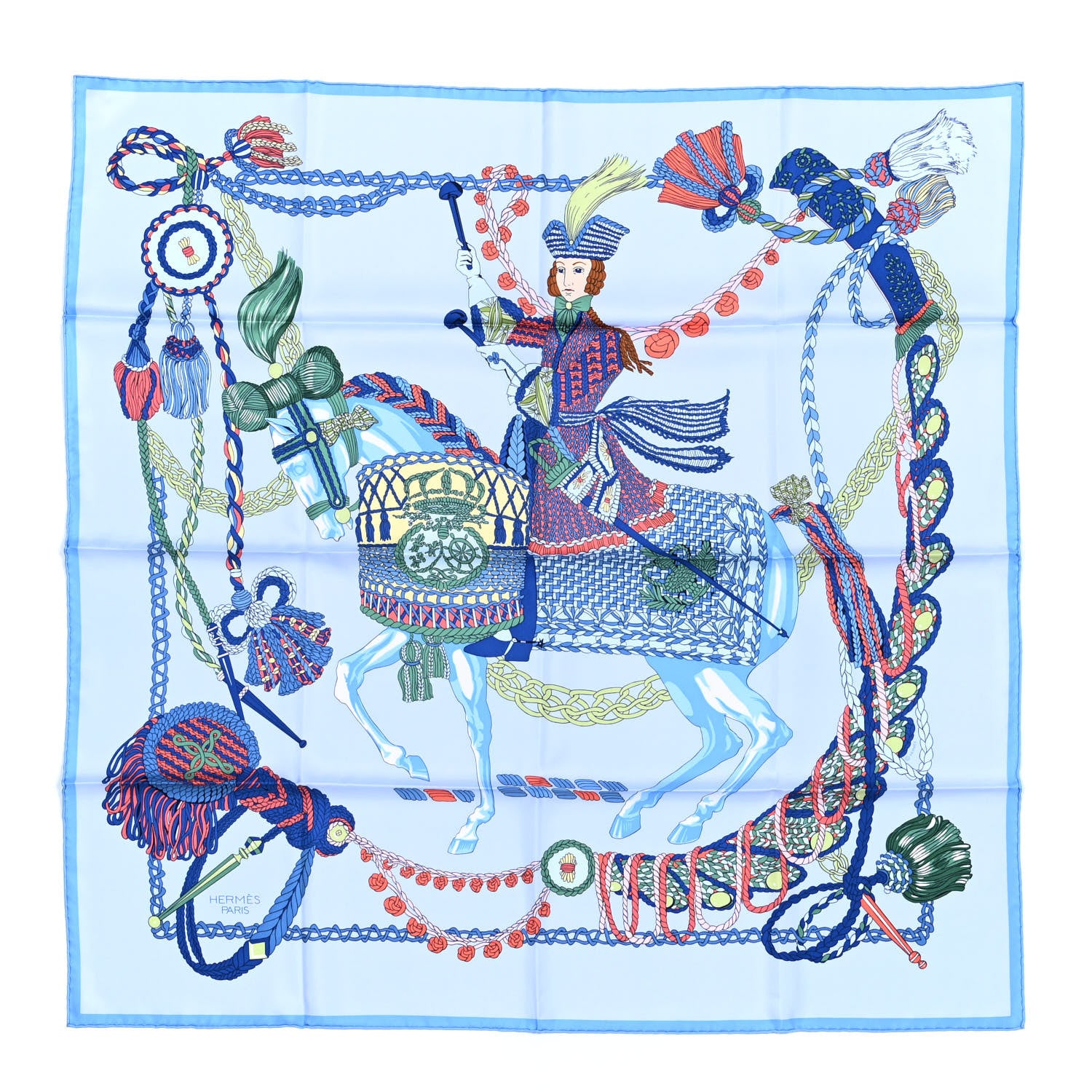 Hermes Silk Le Timbalier Scarf 90 Bleu Ciel Vert Jaune 1 of 3