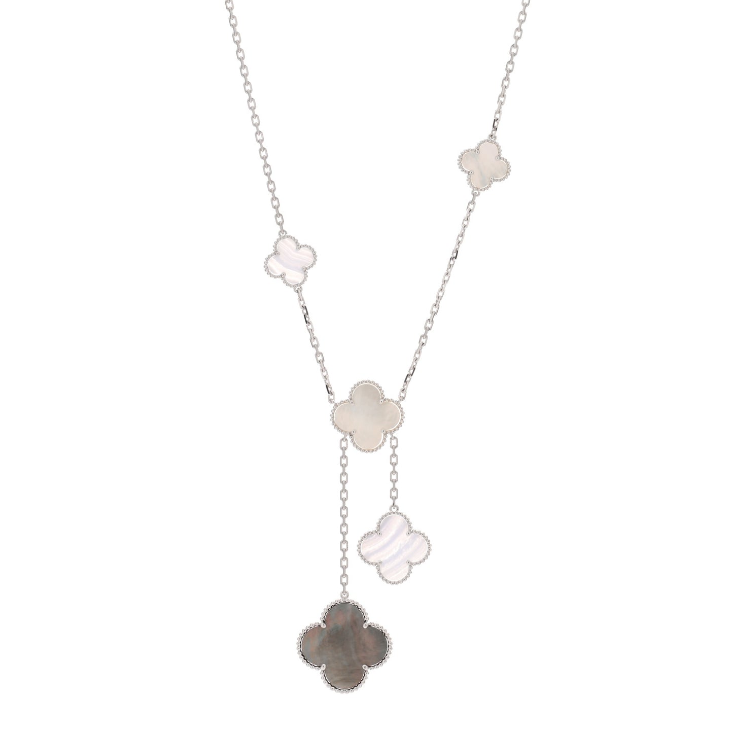 18K White Gold Mother of Pearl Chalcedony 6 Motifs Magic Alhambra Necklace
