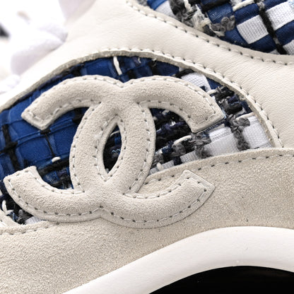 Chanel Tweed Suede Calfskin Womens CC Sneakers 38 Dark Blue Black Grey White 11 of 12
