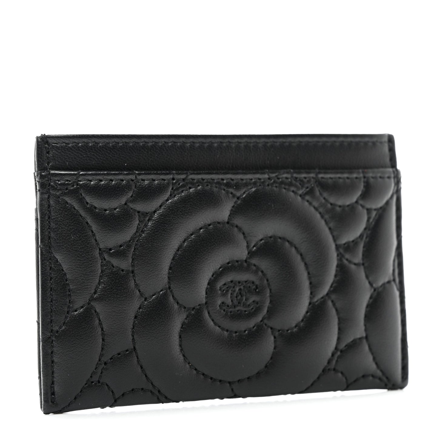 Lambskin Camellia Embossed Card Holder Black