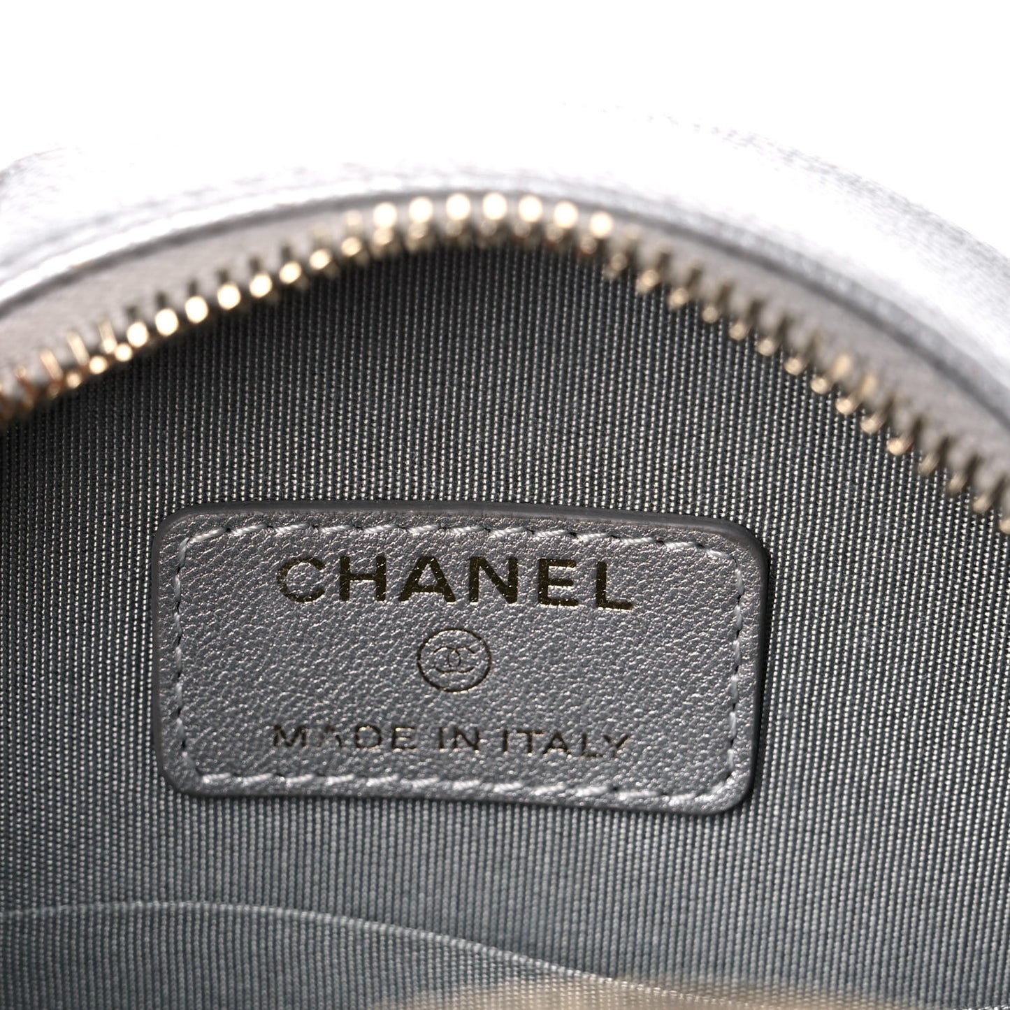 Metallic Lambskin Quilted Chanel 19 Round Clutch With Chain Silver