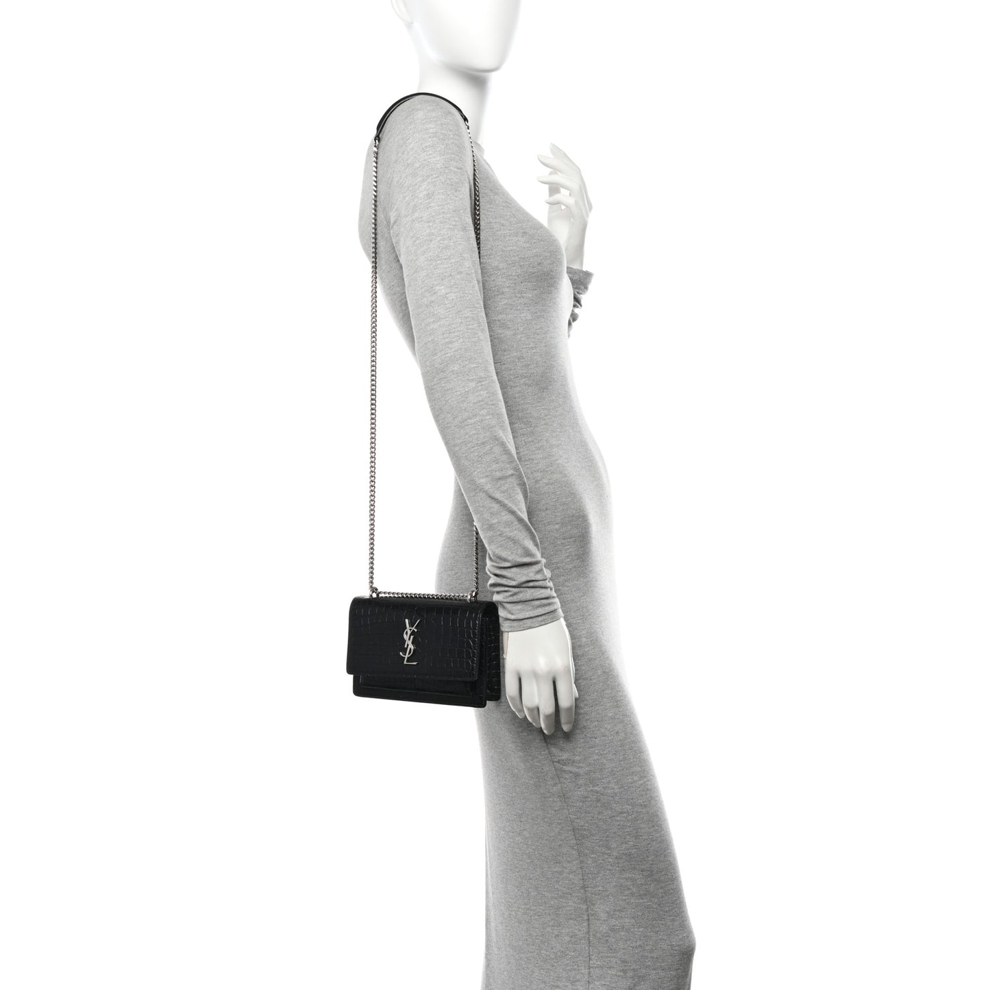 Calfskin Crocodile Embossed Monogram Sunset Chain Wallet Black