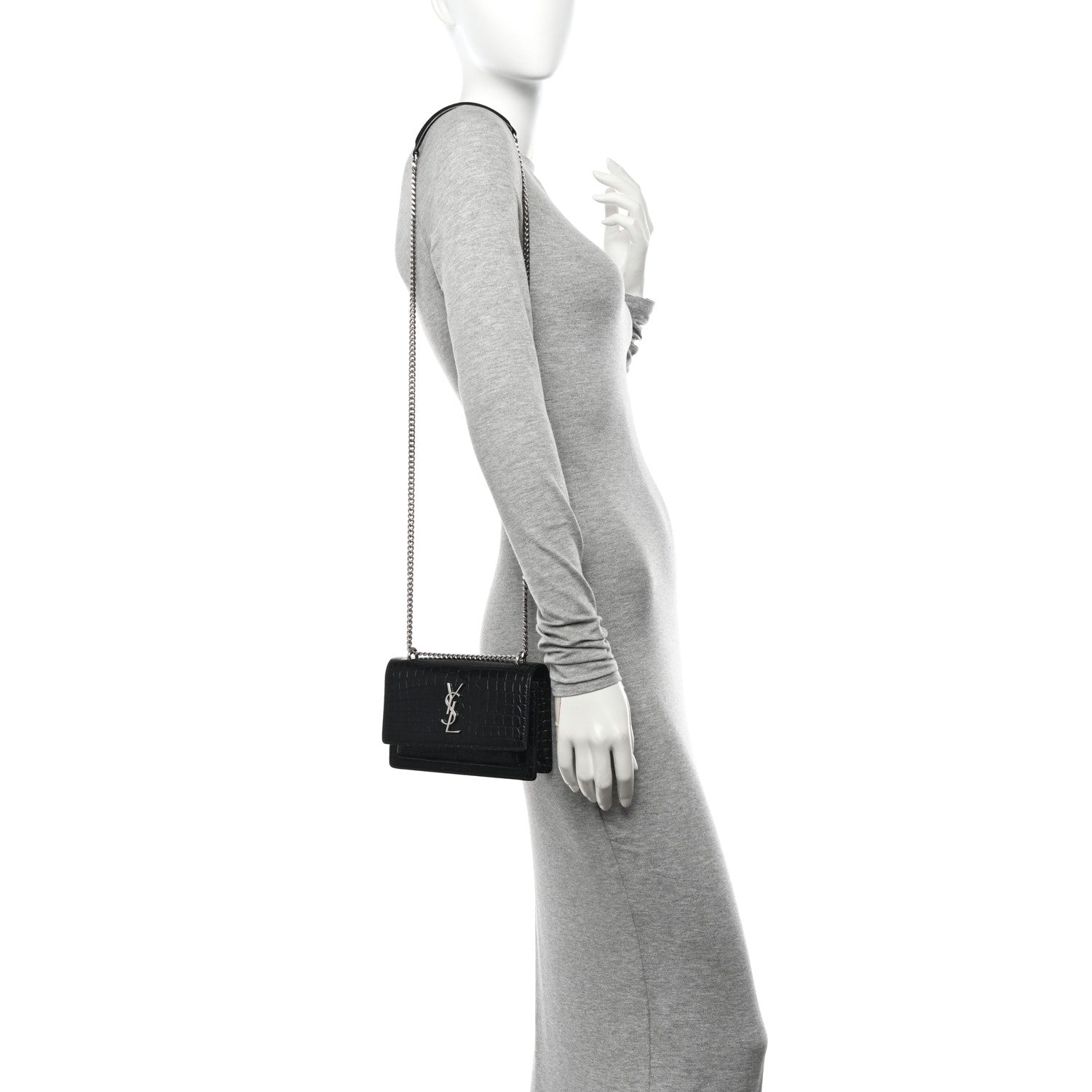 Saint Laurent Calfskin Crocodile Embossed Monogram Sunset Chain Wallet Black 2 of 13