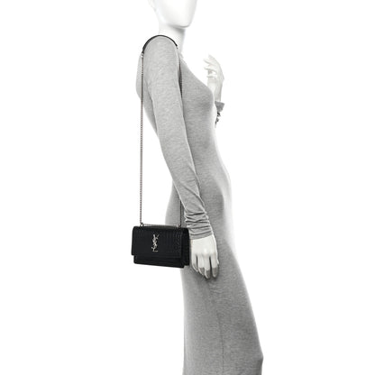 Saint Laurent Calfskin Crocodile Embossed Monogram Sunset Chain Wallet Black 2 of 13