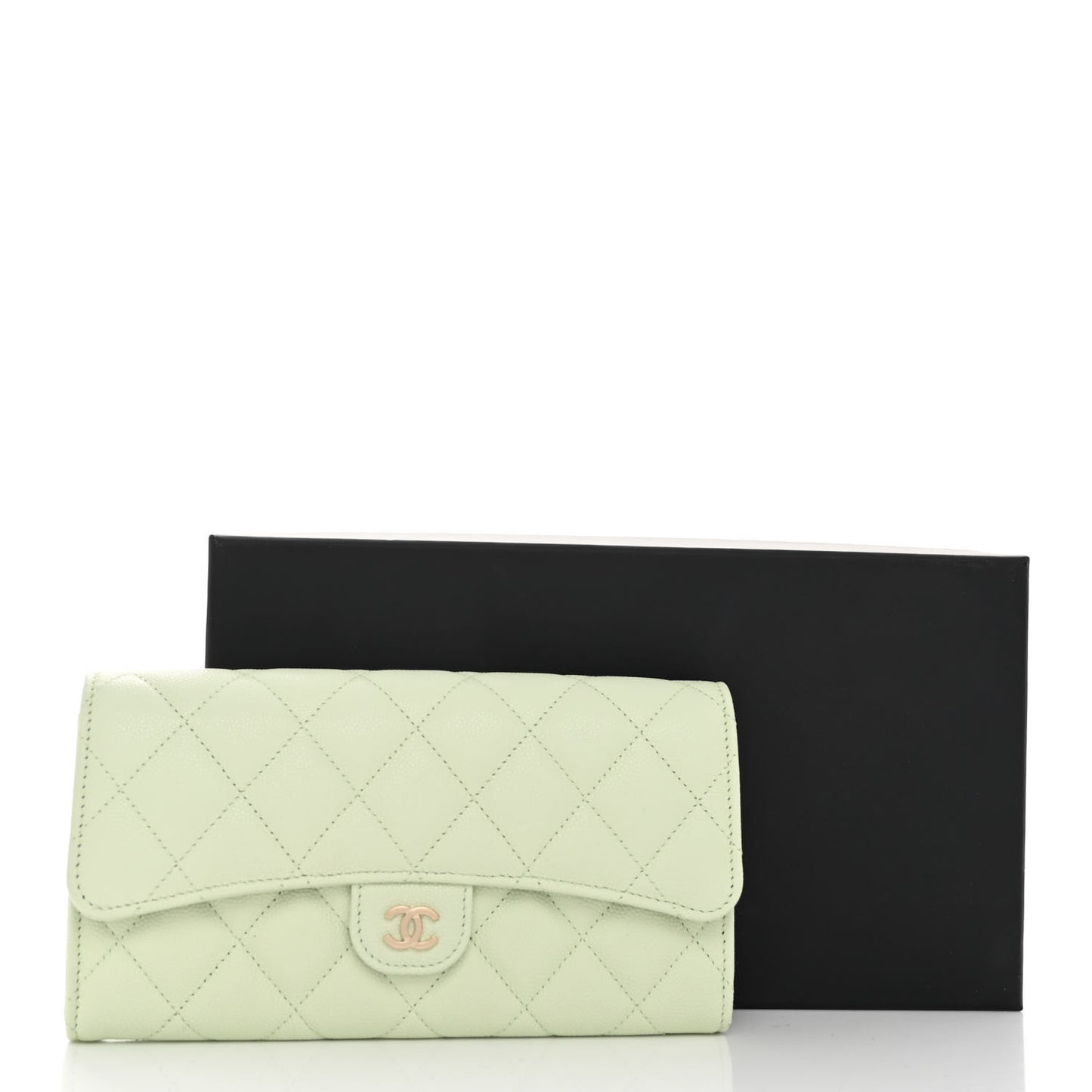 Caviar Quilted Large Gusset Flap Wallet Light Green