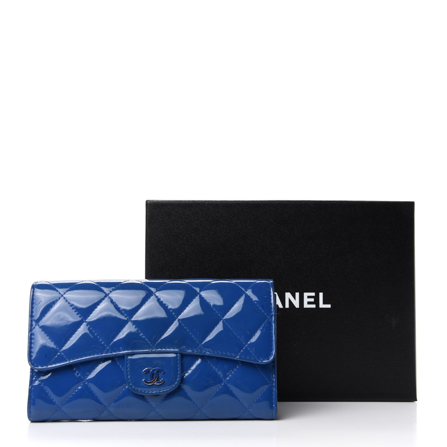 Patent Calfskin Quilted Large Flap Wallet Blue