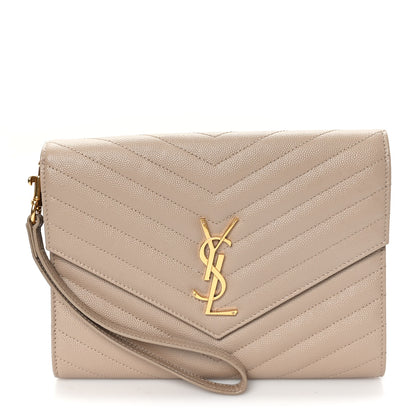 Saint Laurent Grain De Poudre Matelasse Chevron Monogram Envelope Clutch Dark Beige 1 of 7