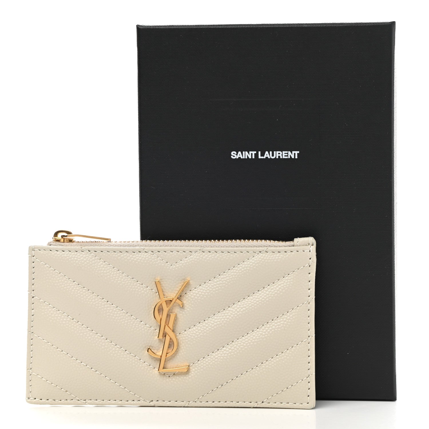 Saint Laurent Grain De Poudre Matelasse Chevron Monogram Fragments Zippered Card Case Crema Soft 8 of 8