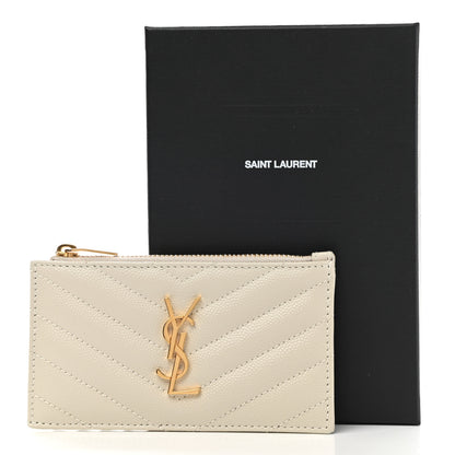Saint Laurent Grain De Poudre Matelasse Chevron Monogram Fragments Zippered Card Case Crema Soft 8 of 8