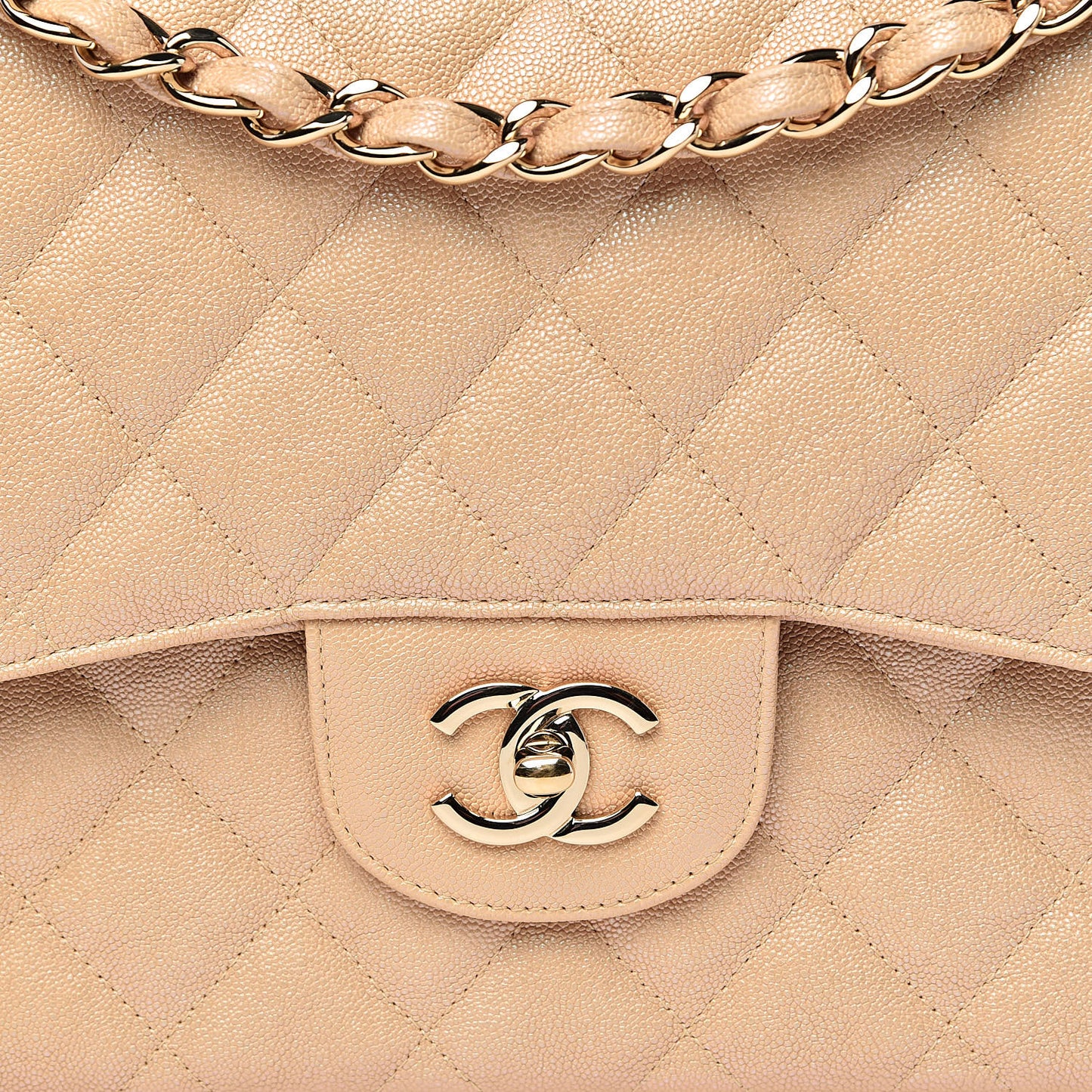Iridescent Caviar Quilted Jumbo Double Flap Beige