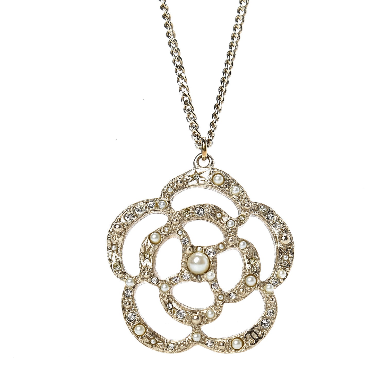 Pearl Crystal Large Camellia Pendant Necklace Light Gold