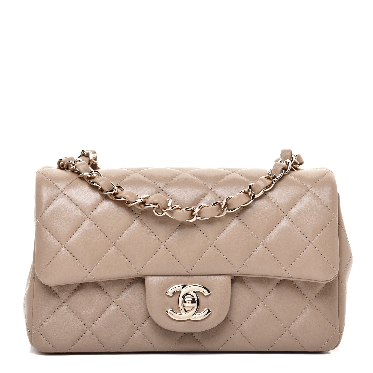 Lambskin Quilted Mini Rectangular Flap Dark Beige