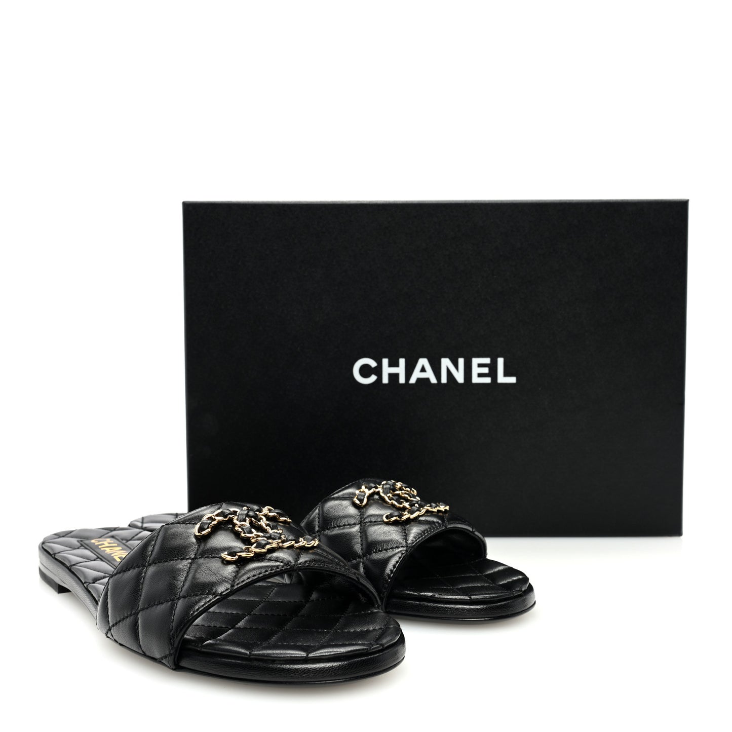 Shiny Goatskin Quilted CC Mules Sandals 39 Black