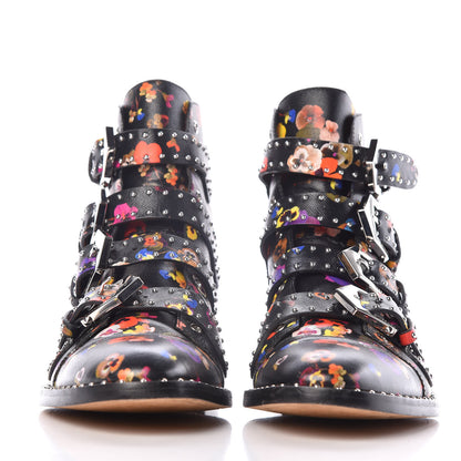 Givenchy Calfskin Studded Pansy Print Elegant Prue Buckle Bootie 39 Black 2 of 9