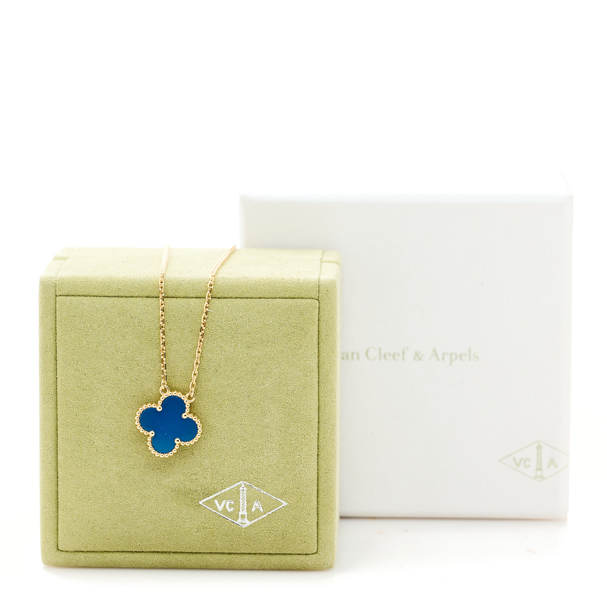 18K Yellow Gold Blue Agate Vintage Alhambra Pendant Necklace