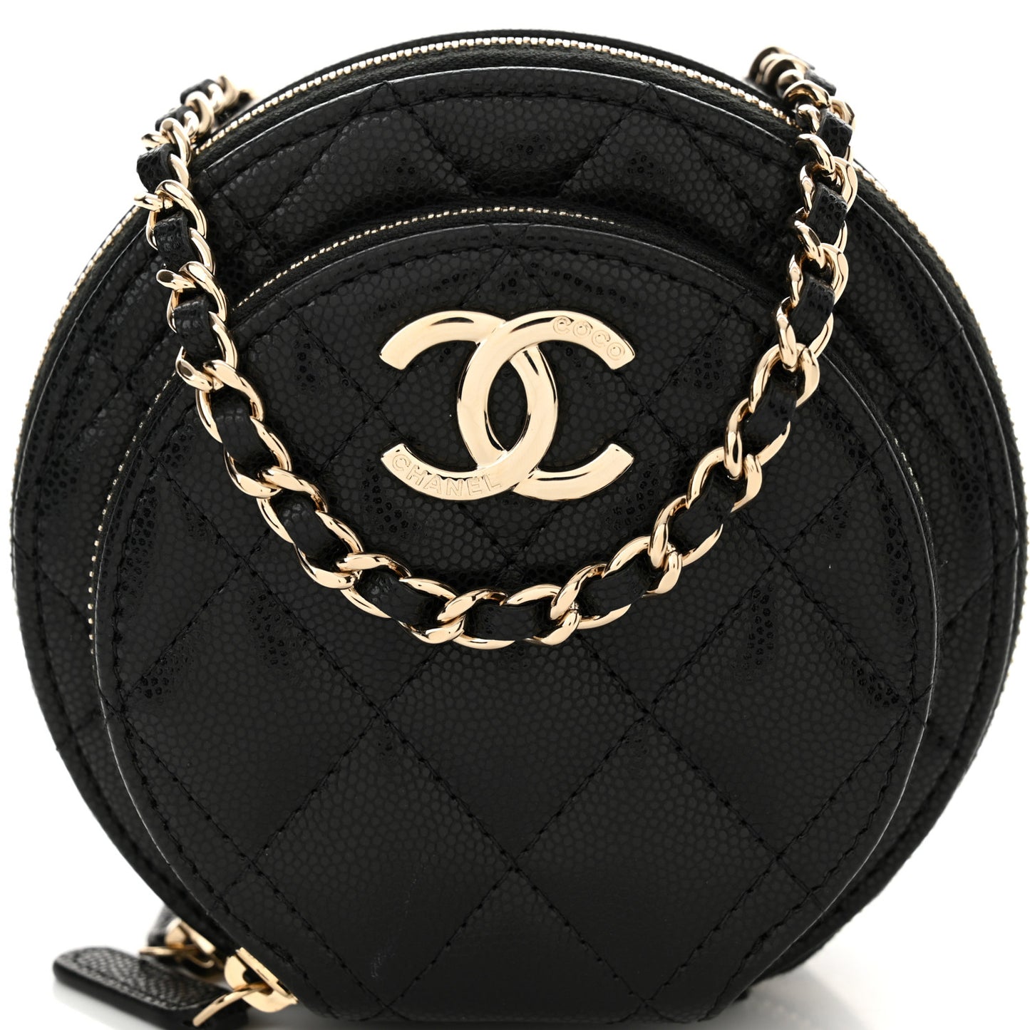 Caviar Quilted Round Coco Clutch With Chain Black