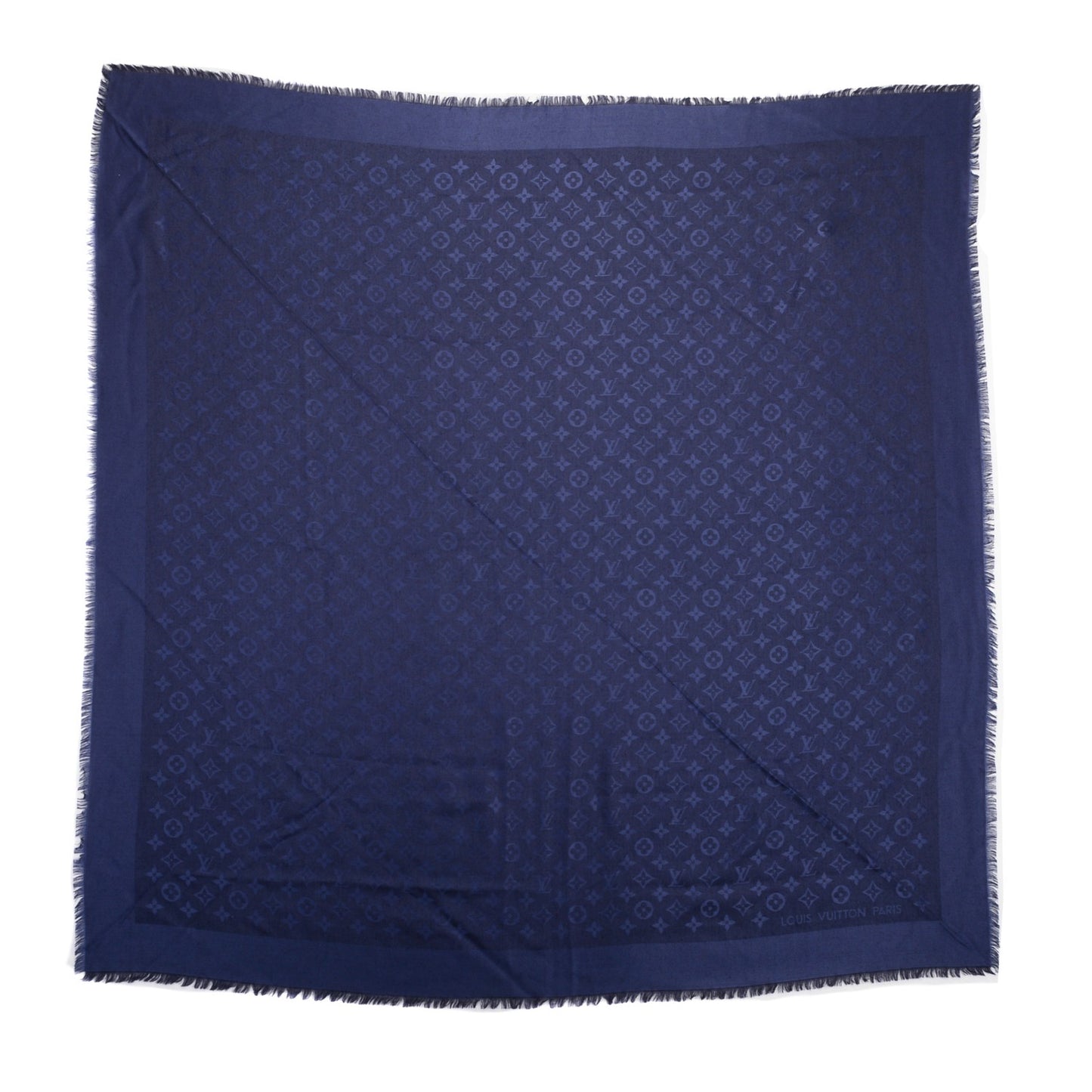 Wool Silk Monogram Shawl Blue Nuit