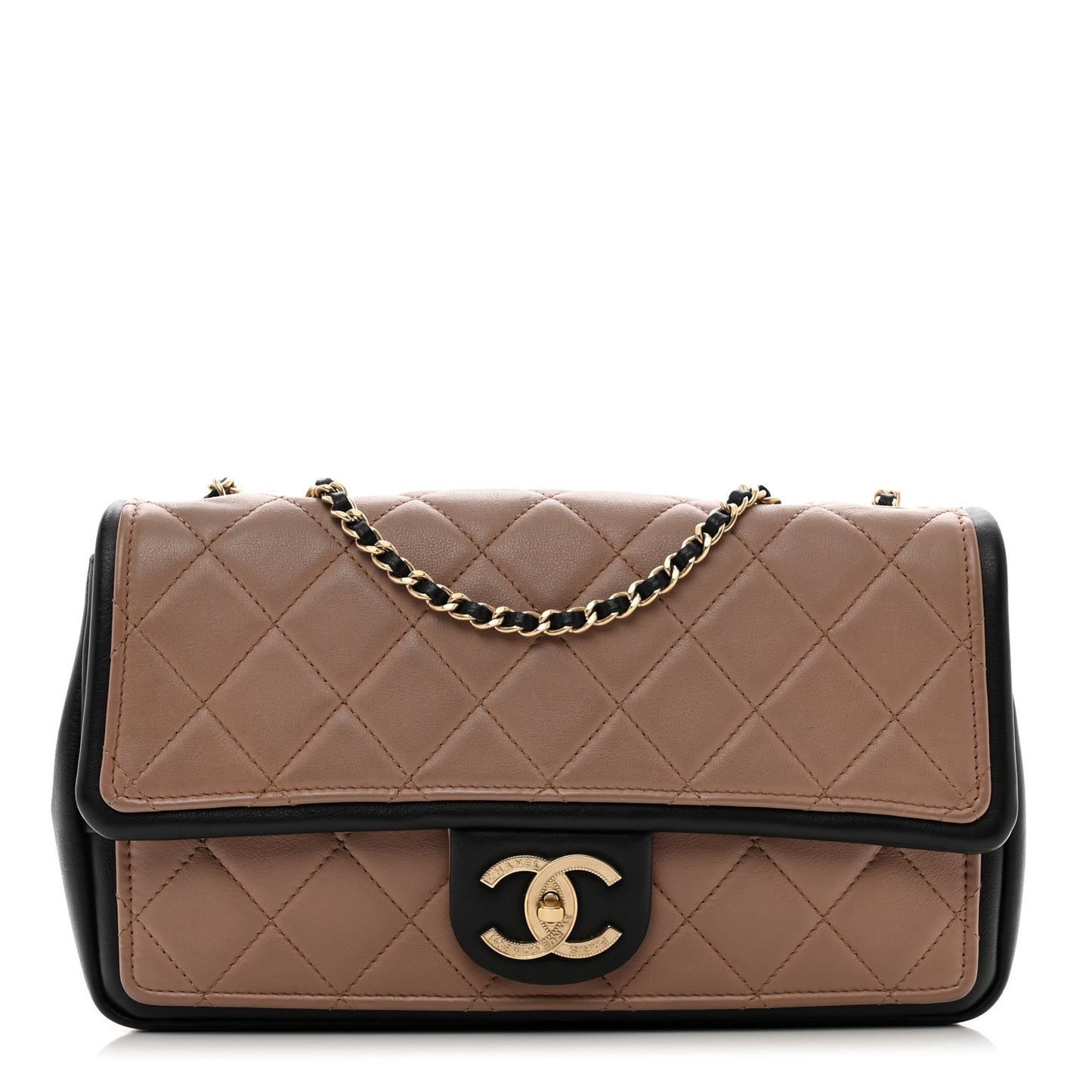 Calfskin Quilted Medium Graphic Flap Beige Black