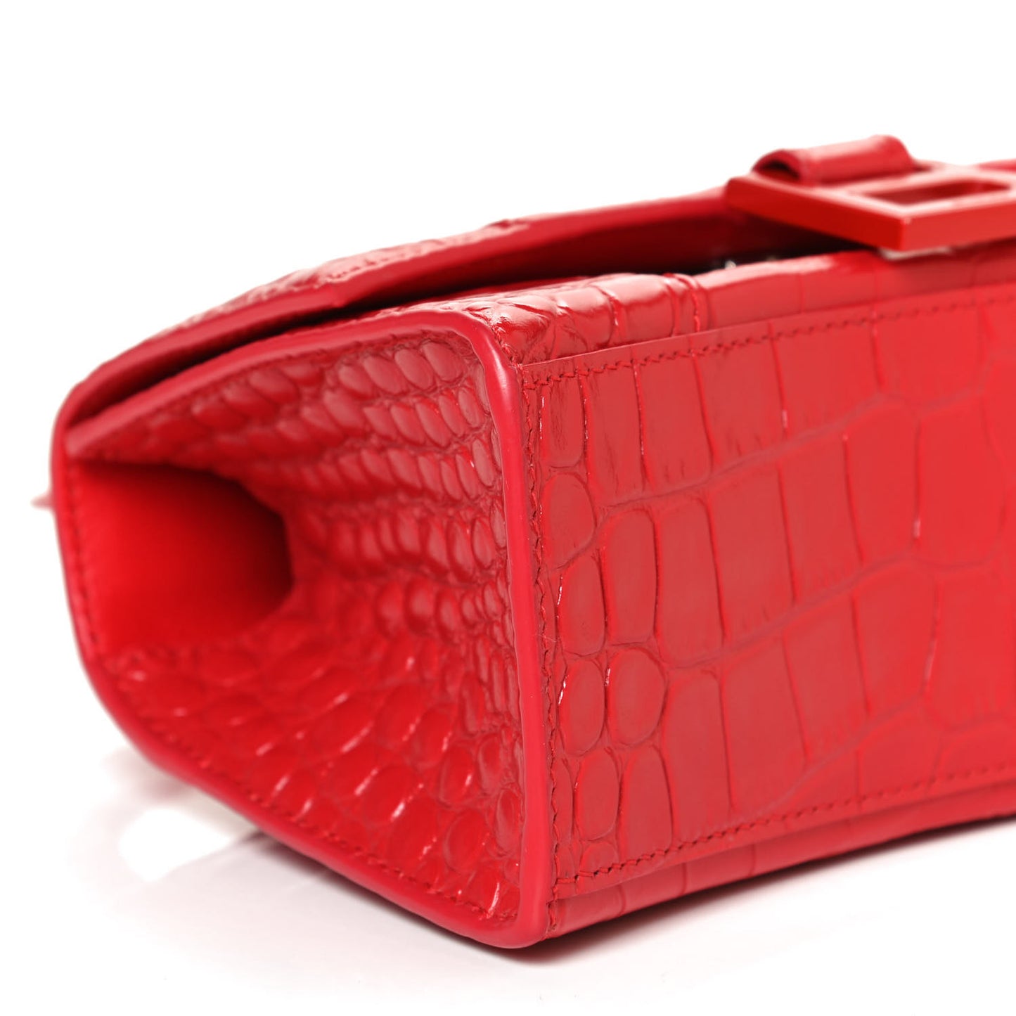 Shiny Calfskin Tonal B Crocodile Embossed Hourglass Top Handle Bag XS Bright Red