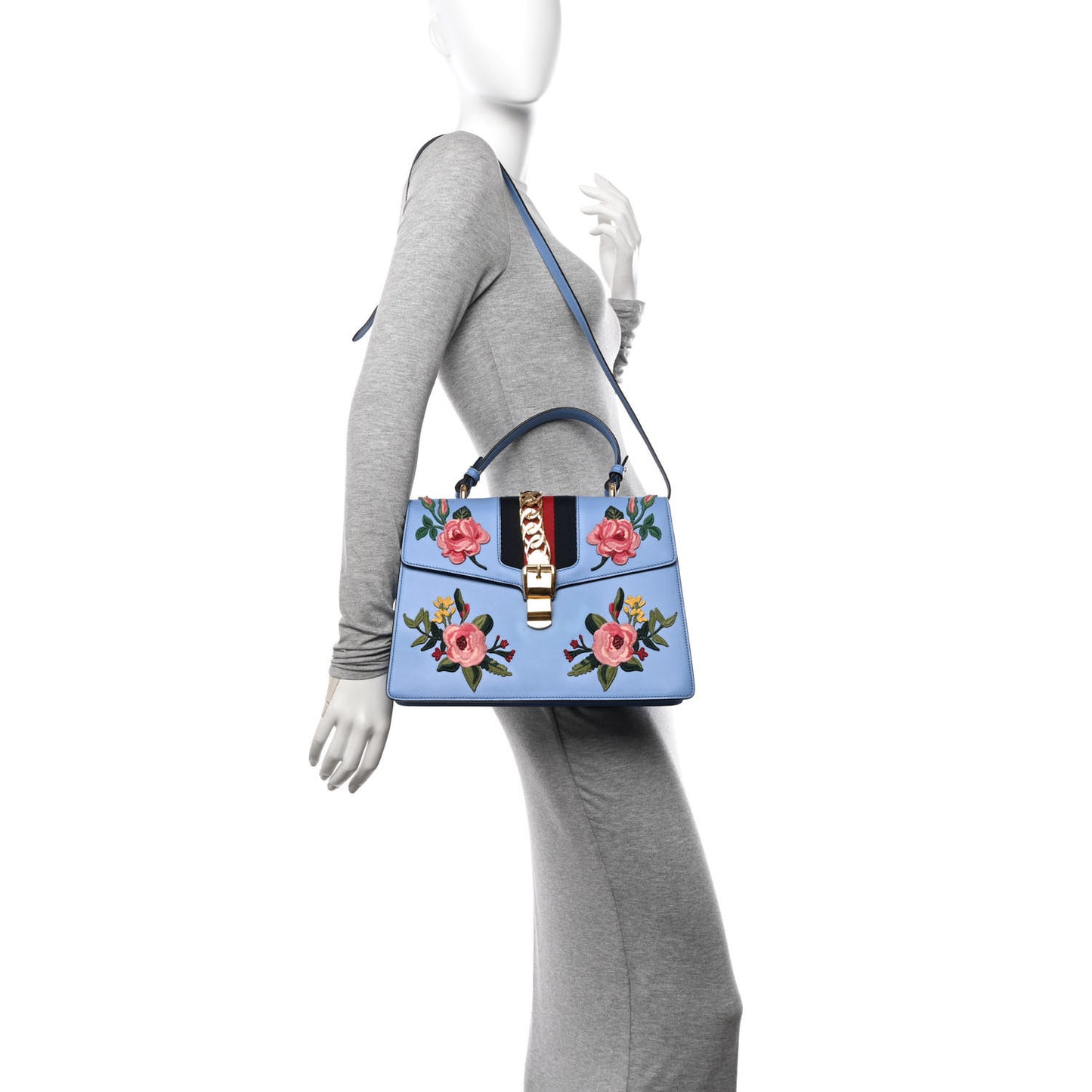 Calfskin Embroidered Medium Sylvie Top Handle Bag Clear Sky Blue