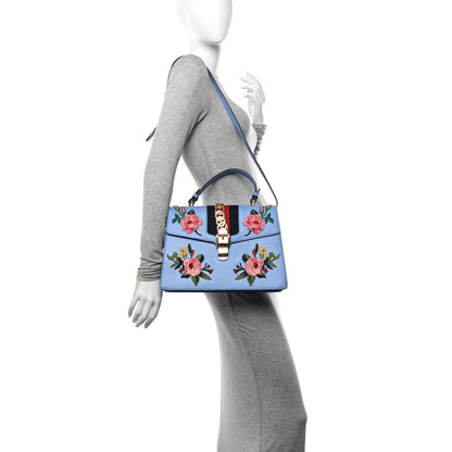 Gucci Calfskin Embroidered Medium Sylvie Top Handle Bag Clear Sky Blue 2 of 10