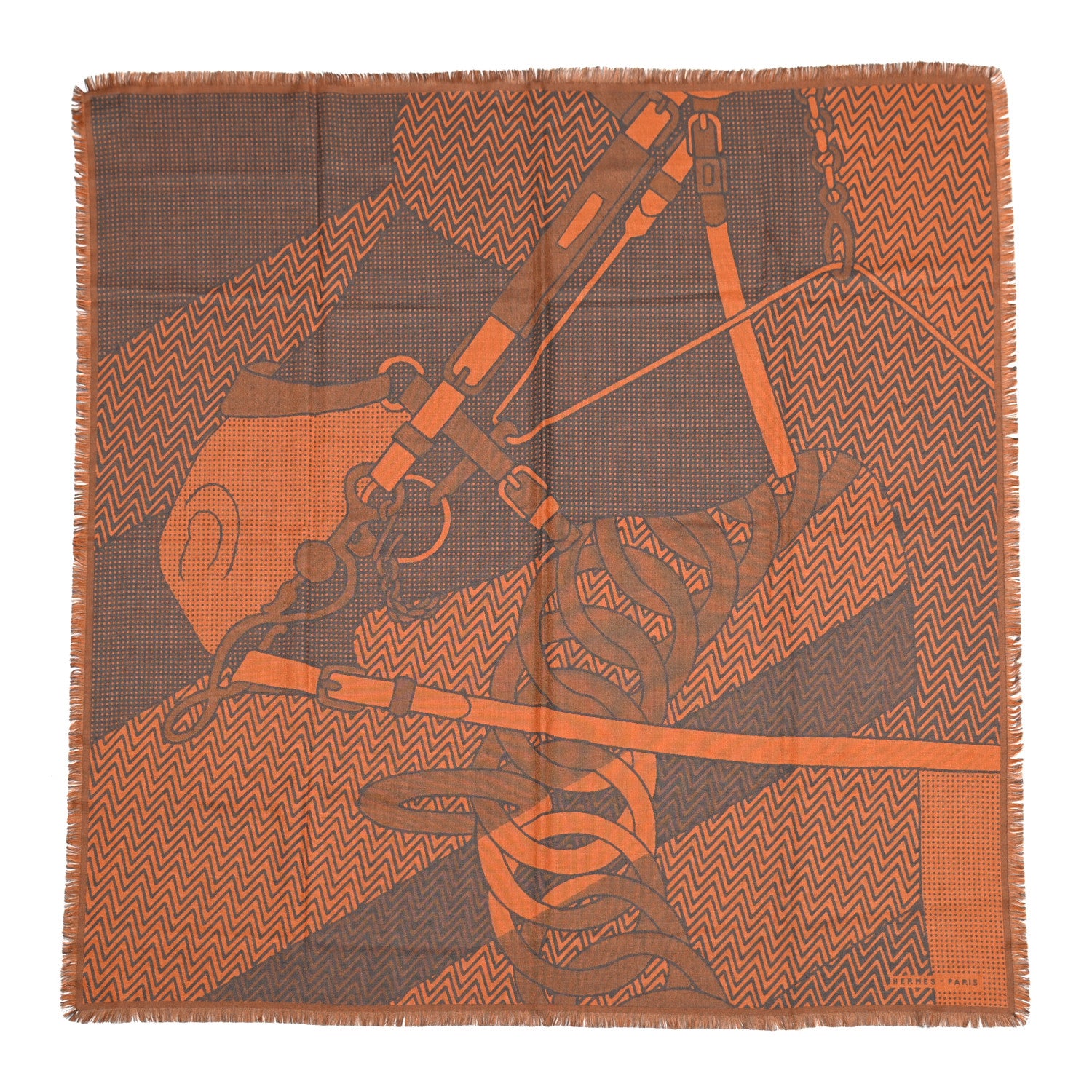 Hermes Cashmere Silk Harnais De Cabriolet Scarf 100 Orange Gris 1 of 3