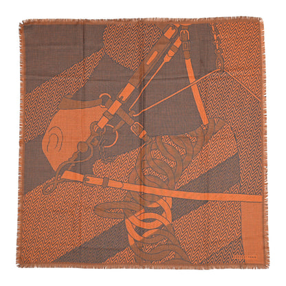 Hermes Cashmere Silk Harnais De Cabriolet Scarf 100 Orange Gris 1 of 3