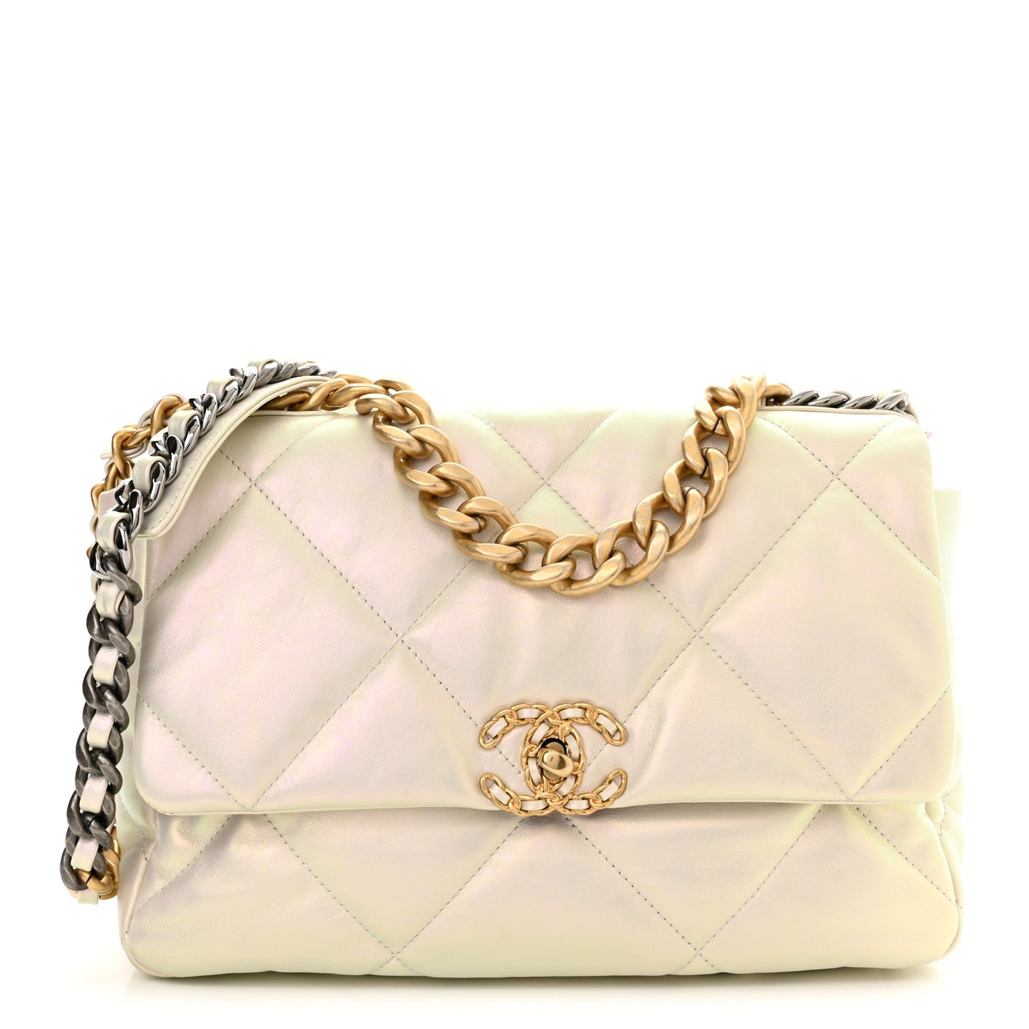 Iridescent Calfskin Quilted Medium Chanel 19 Flap White
